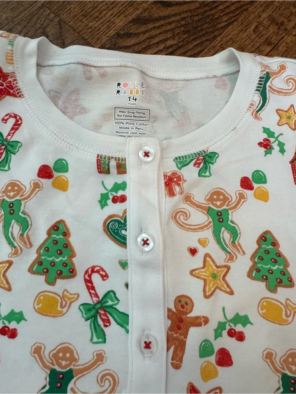 Roller Rabbit White Holiday Pajama Set with Green and Red Accents